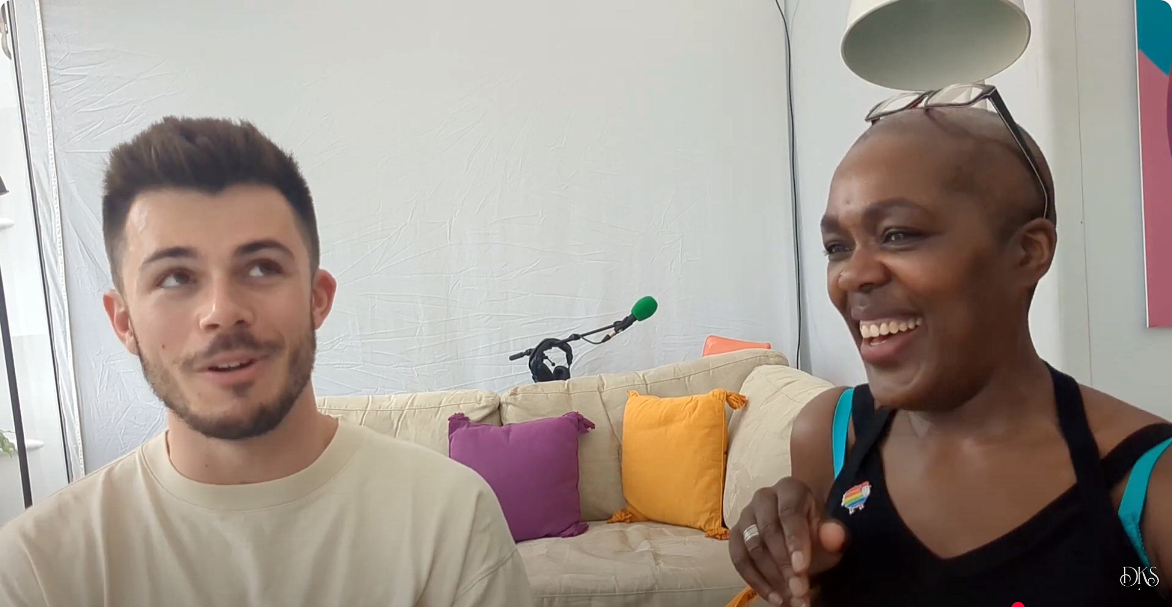 A video still of Denver Karsen Shai interviewing Jack Edward's in the Green Room at the Hay Festival.