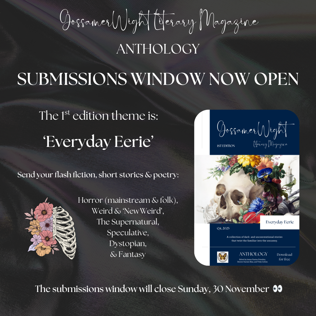 A colour image announcing the open submissions window for the Gossamerwight Literary Magazine Anthology.