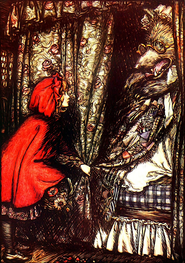 A colour print depicting Little Red Riding Hood and the wolf from the European fairy tale of that name, drawn by the English book illustrator, Arthur Rackham.