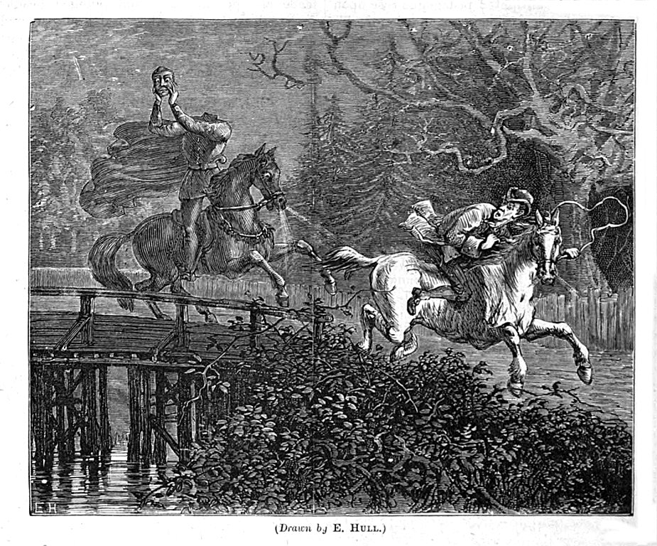 A monochrome lithograph by the illustrator E. Hull of the Headless Horseman pursuing Ichabod Crane, from Washington Irvings short story, The Legend of Sleepy Hollow. Source: Wikimedia.