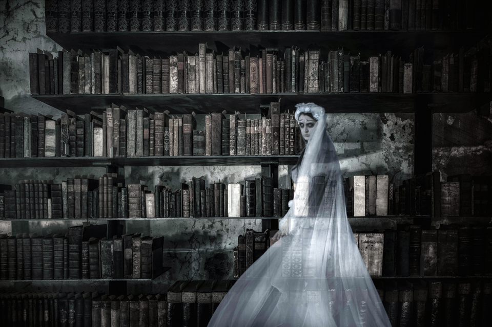A colour photo of a translucent ghost bride in a white wedding gown in a decrepit library. Image credit: Willgard from Pixabay.