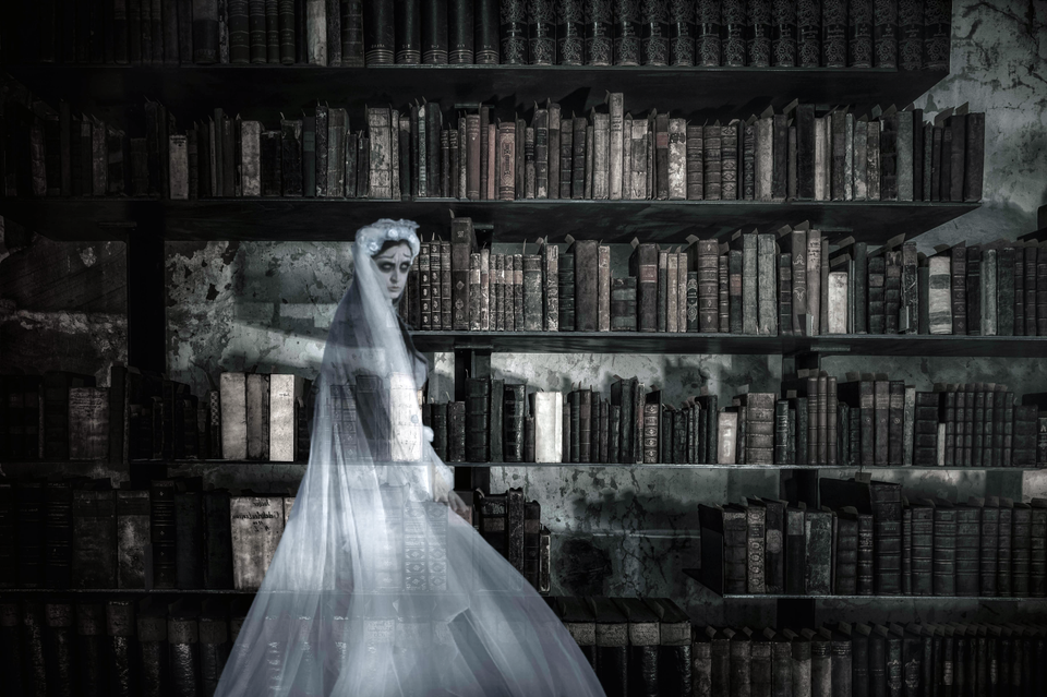 A colour photo of a translucent ghost bride in a white wedding gown in a decrepit library. Image credit: Willgard from Pixabay.