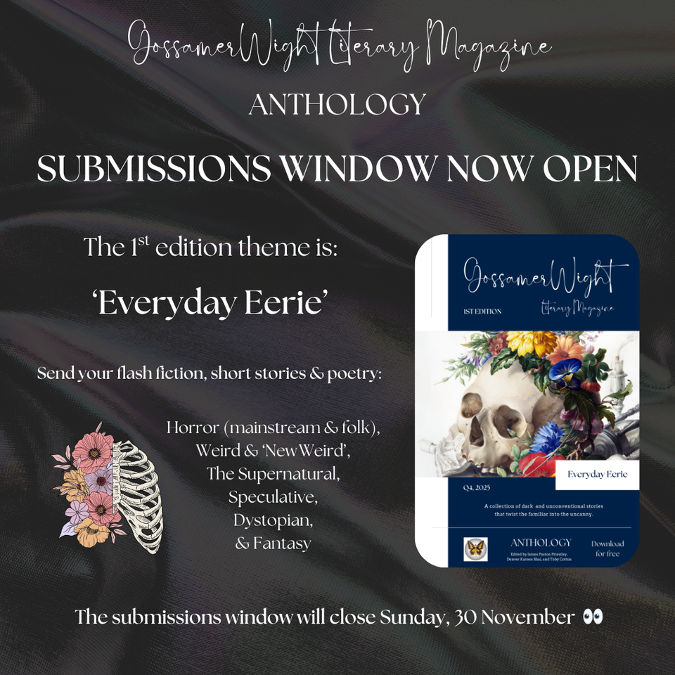 A colour image announcing the open submissions window for the Gossamerwight Literary Magazine Anthology.